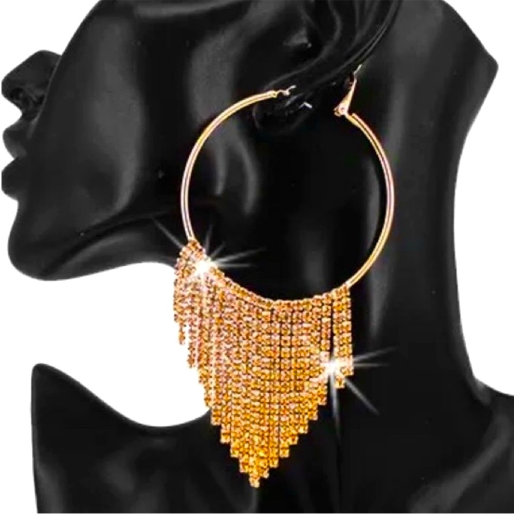 Chandelier Bronze Topaz Crystal Rhinestone Cz BLING Hoop Dangle Earrings Gold